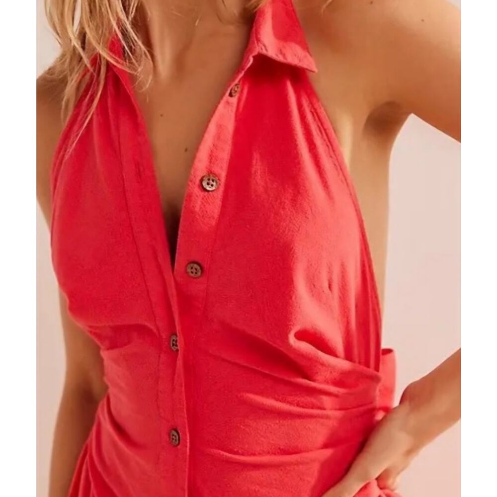 NWT Free People SZ XL Back at It Red Halter Dress Midi Length Linen Collared - Picture 3 of 8